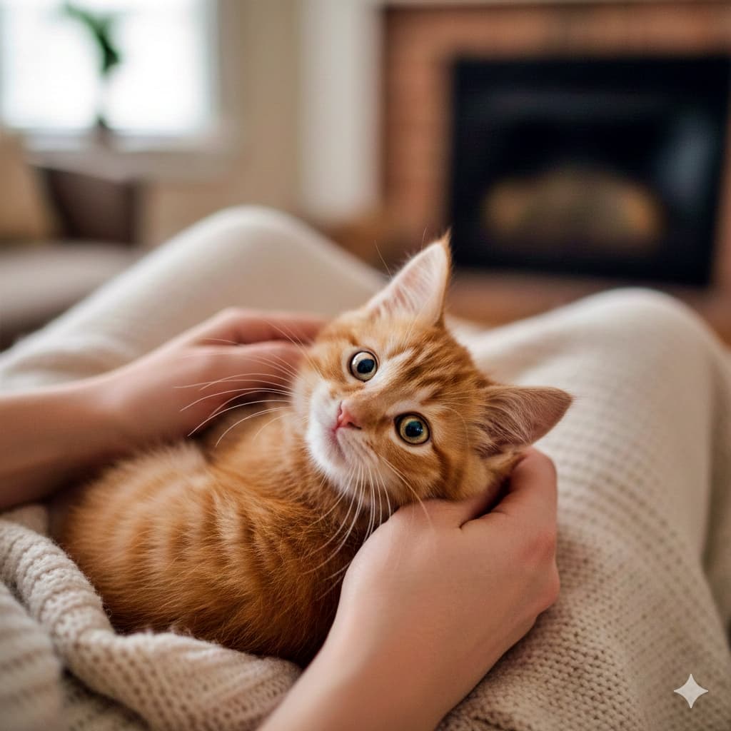 A tiny kitten nestles in gentle hands, gazing upward with wide, soulful eyes. 優しく包まれた子猫が見上げる。まん丸な瞳が人との絆を感じさせる