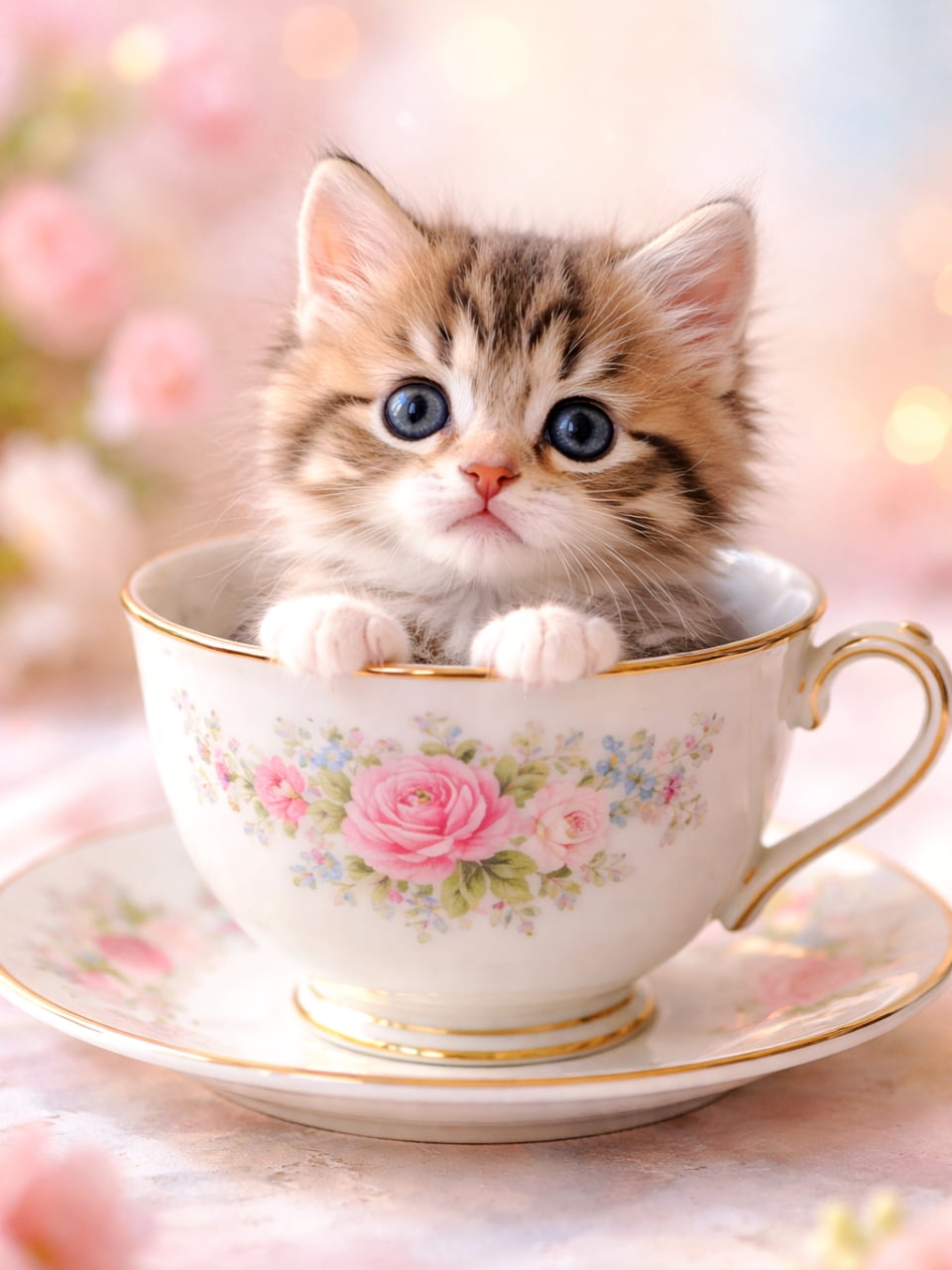 「お茶の時間はボクと一緒に過ごさない？☕️🌸 キラキラの瞳で見つめられたら、断れる人はいません🥺💕」Ultra-realistic high-quality photograph of a wide-eyed tabby kitten sitting inside a classic floral teacup, surrounded by a soft, beautiful pink bokeh background. クラシックな花柄のティーカップの中にすっぽりと入り、クリクリの大きな瞳で真っ直ぐこちらを見つめるキジトラの子猫。背景にはピンク色の柔らかな玉ボケが美しく広がっている