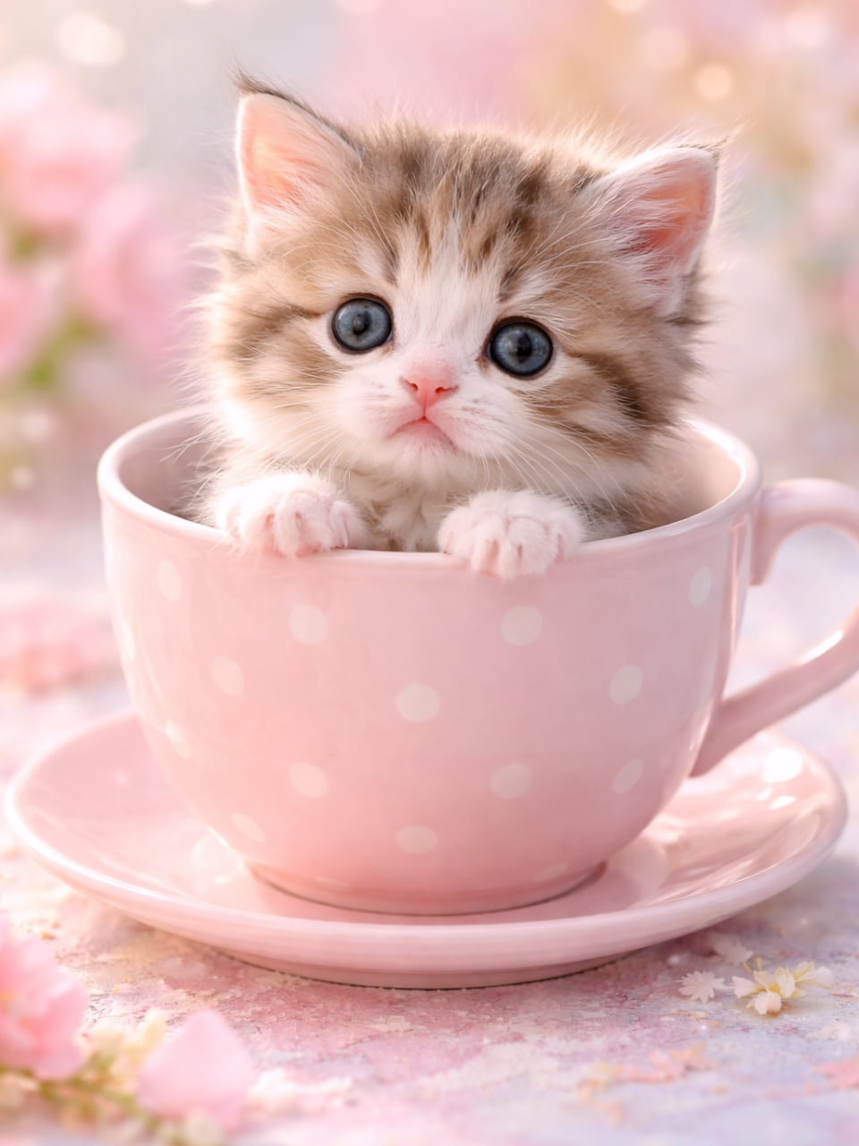「ピンクの水玉カップでおすましニャン🎀✨ キラキラ魔法の世界に迷い込んじゃったみたいでしょ？🦄💖」Ultra-realistic high-quality photograph of a cute kitten sitting inside a pink polka dot teacup, set against a magical, dreamy background with pink sparkling bokeh. ピンク色に白い水玉模様のポップなティーカップに入り、前足を縁にかけて見つめるキジ白の子猫。背景はピンク色のキラキラとした光の玉ボケで、幻想的でゆめかわいい世界観