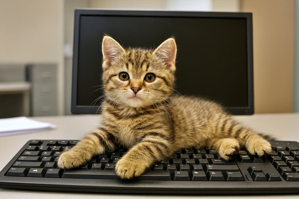 A fluffy tabby kitten sprawled across a black computer keyboard, blocking the monitor in a softly lit office. The kitten gazes proudly at the camera, its paws stretched over the keys, exuding innocent mischief. ふわふわのトラ猫の子猫が黒いキーボードの上に広がって、モニターを塞いでいる。柔らかい光に包まれたオフィスで、無邪気な誇らしさを漂わせながらカメラを見つめている