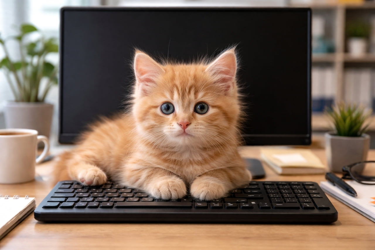 「ここが僕の特等席ニャ💤パソコンのキーボードをベッドにして、快適そうに眠る子猫ちゃんの寝顔に、怒るどころかメロメロになっちゃいますね🥺💕」Ultra-realistic high-quality photograph of an adorable orange tabby kitten lying comfortably on a silver computer keyboard, blocking the monitor screen, looking innocent, in a photorealistic office environment. オフィスのデスクで、デスクトップパソコンのシルバーのキーボードの上に茶トラの子猫が快適そうに横たわっており、後ろのモニター画面を塞いでいる。子猫は無邪気な表情で横たわっている