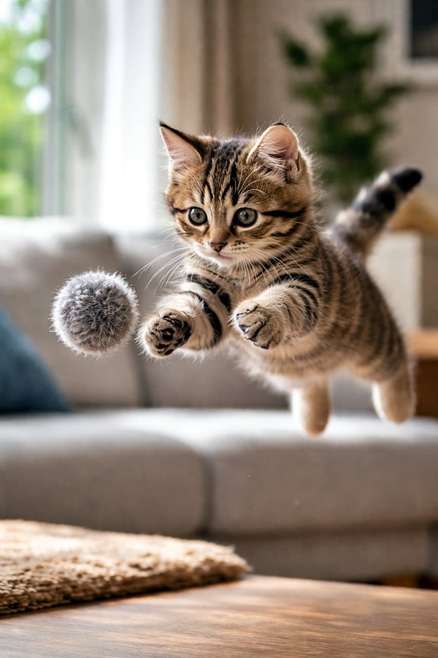 「ジャンプ力、限界突破！おもちゃ一直線、空中で止まらない子猫の本気モード🐾✨」A kitten captured mid-air indoors, chasing a fluffy toy ball with focused eyes and a dynamic jumping pose. 室内でふわふわのボールを追いかけ、空中ジャンプする集中した表情の子猫