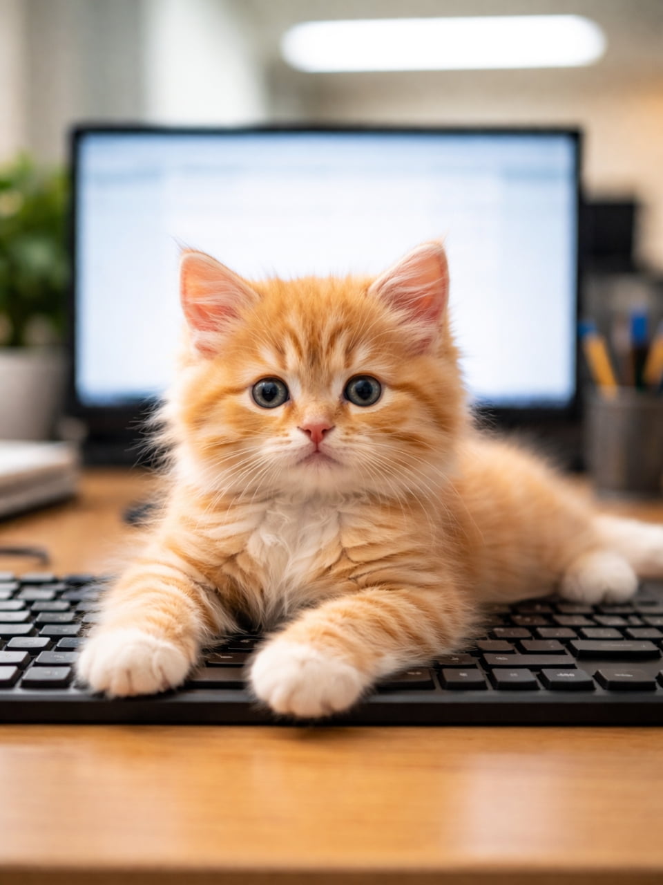 「仕事はここまでニャ！💻キーボードの上に堂々と寝転んで画面を塞ぐ子猫ちゃんの、無邪気で誇らしげなドヤ顔がたまりません😆✨」Ultra-realistic high-quality photograph of an orange tabby kitten sprawled out on a black desktop computer keyboard, blocking the large monitor screen, looking innocent and proud, against an office background. オフィスのデスクで、デスクトップパソコンの黒いキーボードの上に茶トラの子猫が体を投げ出して寝転んでおり、後ろの大きなモニター画面を塞いでいる。子猫は無邪気で誇らしげな表情をしている
