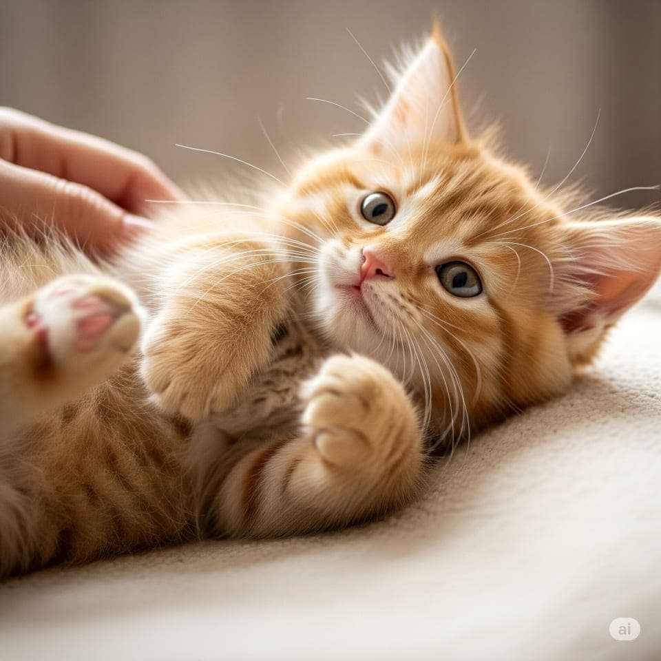 A close-up of an orange tabby kitten being gently petted on a soft blanket. Its raised paw and round eyes reflect comfort, affection, and a tender human-animal bond. 柔らかな毛布の上で撫でられるオレンジタビーの子猫のアップ。片方の前足を上げ、丸い瞳に映るのは安心感と人との優しい絆