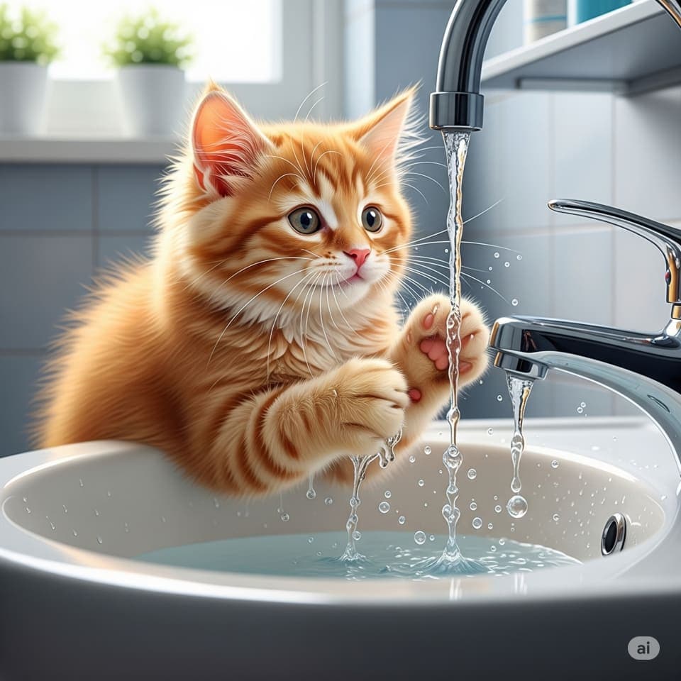 洗面台の中で、水のしずくに前足でちょんちょんと触れて遊ぶ子猫。楽しそうな表情 An orange tabby kitten plays with running water in a white sink, framed by sunlight and potted plants. 白い洗面台で水にじゃれる茶トラの子猫。前足を伸ばして水流に触れようとし、窓辺の植物と柔らかな光が温かい雰囲気を演出している
