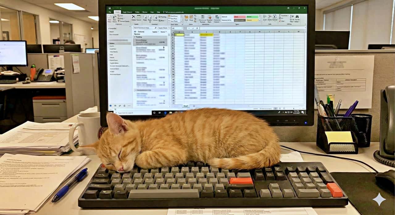 A ginger tabby cat sleeps on a keyboard in front of a computer monitor in a busy office cubicle. オフィスのキュービクルで、モニターの前にあるキーボードの上で茶トラ猫が眠っている