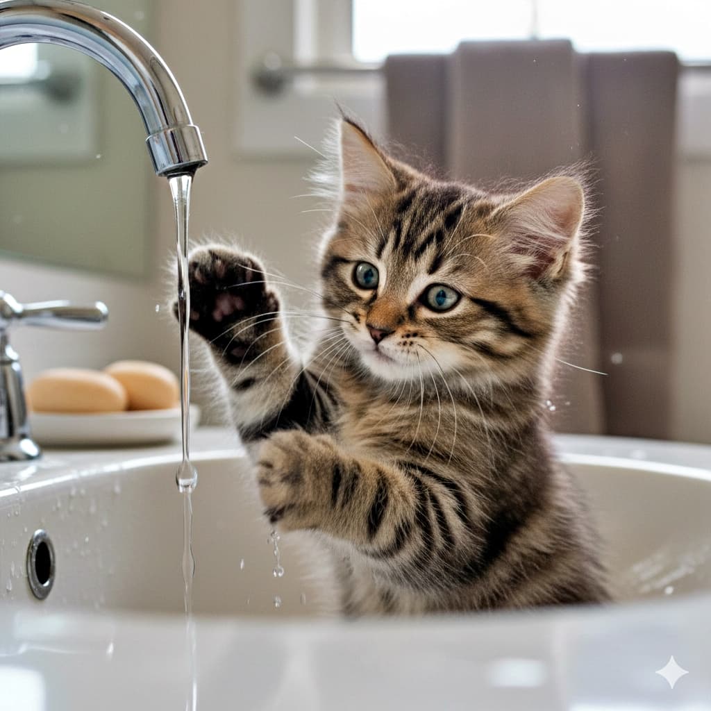 A tabby kitten sits inside a white sink, reaching up with one paw toward running water. The clean bathroom is lit by natural light, capturing the kitten’s curious expression. 白い洗面台の中に座るキジトラの子猫が、流れる水に前足を伸ばしている。自然光が差し込む清潔なバスルームで、好奇心に満ちた表情が印象的