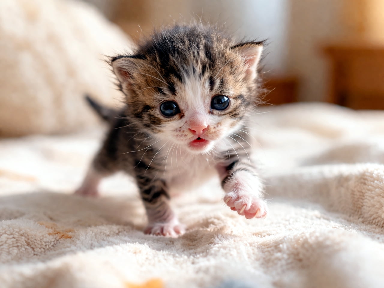 「「にゃにこれ？」🐾 初めての世界にドキドキ！よちよち歩きで頑張る子猫ちゃんを全力で応援したい📣✨」Ultra-realistic high-quality photograph of a tiny tabby and white kitten taking its clumsy first steps on a soft blanket, looking at the camera with big, curious eyes. 柔らかな毛布の上で、小さなキジ白の子猫が前足を一歩踏み出してよちよちと歩き出そうとしている様子。大きな瞳で不思議そうにこちらを見つめている