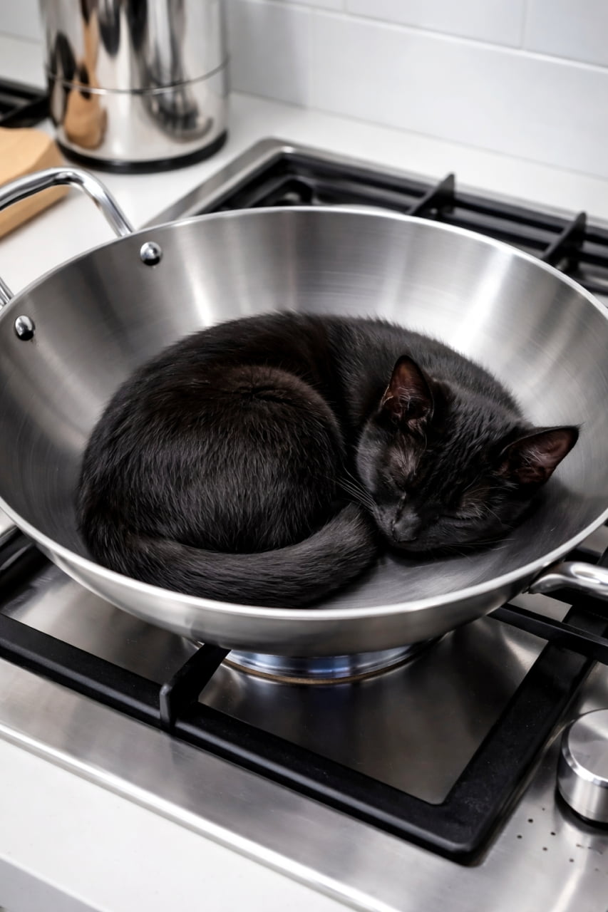 「えっ、そこ!?🍳ピカピカの中華鍋の中にすっぽり収まって眠る黒猫ちゃんがユニークで可愛すぎます😆✨」Ultra-realistic high-quality photograph of a black kitten sleeping peacefully curled up inside a large, shiny stainless steel wok resting on a clean gas stove in a kitchen. 清潔なキッチンのガスコンロの上に置かれた、ピカピカの大きなステンレス製の中華鍋の中で、器用に丸くなってすやすやと眠っている黒猫の超高画質写真
