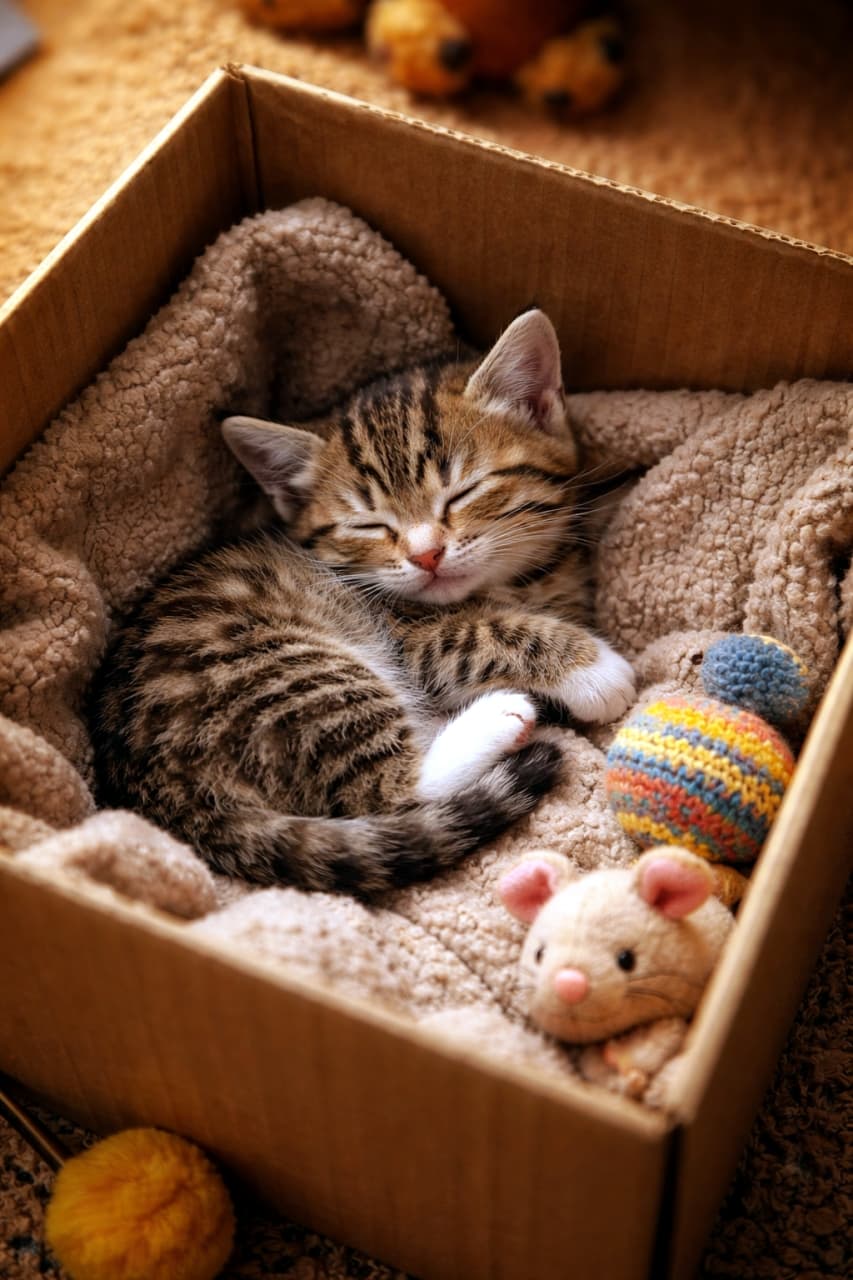 「お気に入りのおもちゃに囲まれて夢の中へ…📦💤「遊んだ後はここでおやすみニャ」という声が聞こえてきそうですね💕」Ultra-realistic high-quality photograph of a cute tabby kitten sleeping curled up on a fluffy blanket inside a cardboard box, surrounded by its favorite toys, including a colorful yarn ball and a toy mouse. ダンボール箱の中に敷かれたもこもこの毛布の上で、カラフルな毛糸玉やネズミのぬいぐるみなどの「お気に入りのおもちゃ」と一緒に丸くなって眠っているキジトラの子猫の超高画質写真
