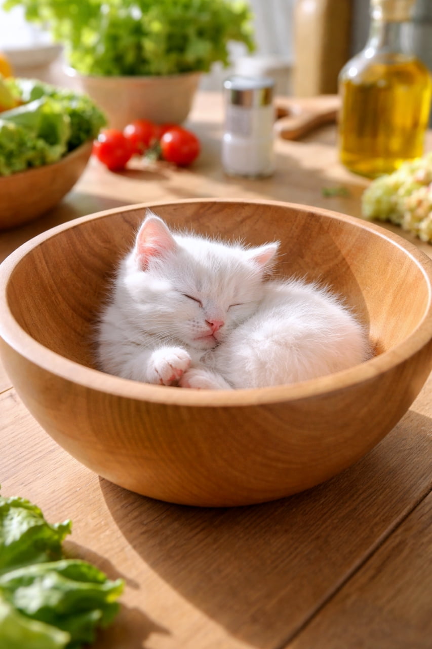 「特製白猫ちゃんサラダはいかが?🥗✨木のボウルの温もりと、真っ白な毛並みのコントラストが最高に癒やされますね🤍」Ultra-realistic high-quality photograph of an adorable white kitten sleeping snugly curled up inside a large wooden salad bowl on a sunlit dining table, with fresh vegetables nearby. 太陽の光が差し込むダイニングテーブルの上で、大きな木製のサラダボウルの中にすっぽりと収まり、気持ちよさそうに丸まって眠る真っ白な子猫の超高画質写真。周りにはレタスなどの野菜が見える