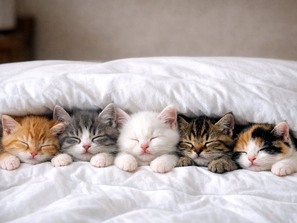 「猫のお団子!?🍡白布団からひょっこり顔を出す5匹に癒やされすぎて、もう動けません🐈✨ #子猫 #癒やし」Ultra-realistic high-quality photograph of five diverse kittens (ginger, grey and white tabby, pure white, brown tabby, and calico) sleeping side-by-side in a row, peeking out from under a fluffy white duvet. Soft natural lighting highlights their delicate fur textures. 清潔感のある真っ白な羽毛布団の間に挟まり、横一列に並んで深く眠る5匹の子猫。左から茶トラ、グレーと白のタビー、純白、キジトラ、三毛猫が顔を出しており、柔らかい自然光がふわふわした毛の質感を精細に描き出しています