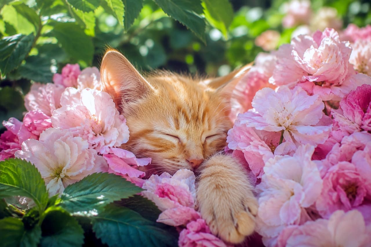 「お花に包まれてどんな夢を見てるのかな?🌸 まさに春の天使!見ているだけで心が浄化される美しさです✨」Ultra-realistic high-quality photograph of a ginger kitten sleeping amidst vibrant pink blossoms. An enchanting composition with bright spring sunlight illuminating the kitten's fur against a floral background. 鮮やかなピンク色の八重桜のような花々に囲まれて眠る、愛らしい茶トラの子猫。春の光を浴びて輝く毛並みと、華やかな花びらのディテールが幻想的な雰囲気を醸し出す高品質な写真