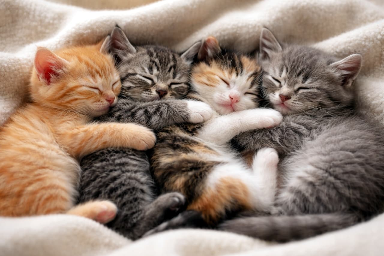 「ぎゅうぎゅう、もふもふ…💕 4匹で寄り添って眠る子猫の塊、見ているだけで心がとろける🥺✨」Ultra-realistic high-quality close-up photograph of four kittens (orange tabby, two grey tabbies, calico) huddled together and cuddling while fast asleep within a white fluffy blanket. Their sleeping faces are closely framed, conveying warmth. 白いもふもふした毛布の中で、4匹の子猫(茶トラ、サバトラ2匹、三毛)が身を寄せ合い、抱き合うようにして深く眠っているクローズアップ写真。それぞれの寝顔が近く、温かみのある一枚