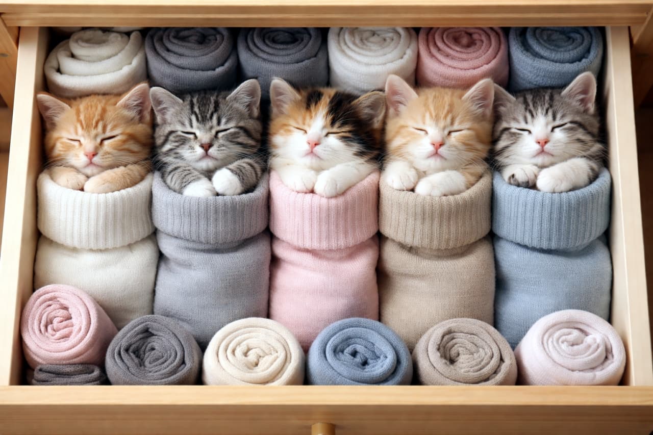 「靴下かと思ったら…天使が5匹!🧦🐾 引き出しを開けたら幸せが詰まってました✨可愛すぎて一生このままにしておきたい〜!💤 #猫 」A top-down view of five adorable kittens with various fur patterns, including ginger, tabby, and calico, sleeping peacefully in a wooden drawer. Each kitten is snugly tucked into a thick, knitted sock-like tube, lined up horizontally in the center. Their eyes are tightly closed, and their tiny paws are resting near their faces. The surrounding space is filled with neatly rolled socks in soft pastel colors like pink, grey, beige, and blue, making the kittens blend in perfectly with the organized laundry. 木製の引き出しの中で、茶トラ、サバトラ、三毛など5匹の愛らしい子猫たちが一列に並んで眠っている俯瞰写真。子猫たちはそれぞれ厚手のニット靴下のようなものにすっぽりと包まれ、目を閉じて前足を顔の近くに寄せた安らかな表情をしています。引き出し内には、ピンク、グレー、ベージュ、ブルーなどの淡い色の靴下がきれいに丸められて隙間なく並んでおり、子猫たちがまるで靴下の一部であるかのように整然と収まっている、温かみのある幻想的な光景です
