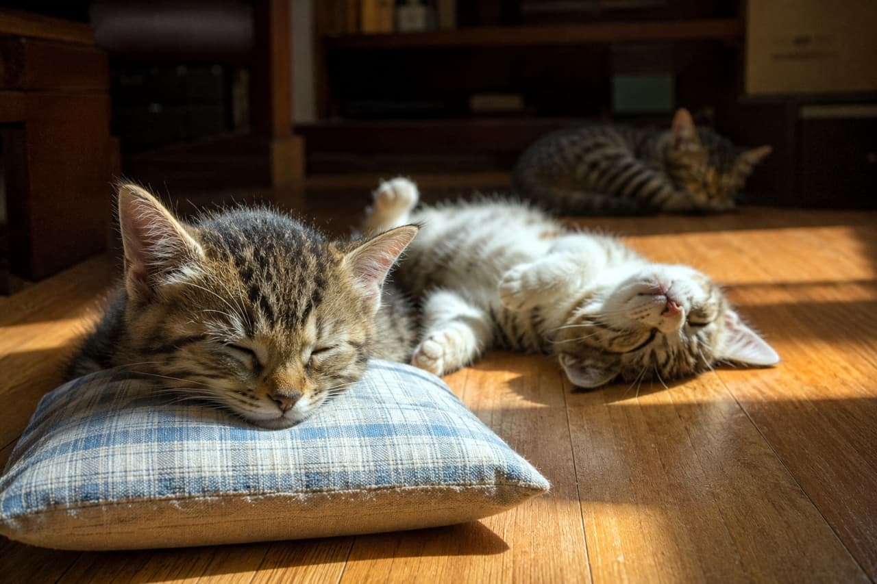 「枕の使い方がプロ級!?💤陽だまりの中でリラックス全開な子猫たち✨見てるだけで眠気を誘われますね🐈 #猫 」Ultra-realistic high-quality photograph of a tabby kitten resting its head on a small blue checkered pillow on a sunny wooden floor. Another kitten is visible in the background sleeping belly-up. 日差しが差し込む木の床の上で、手前のキジトラ子猫が青いチェック柄の小さな枕に頭を乗せて眠っています。奥では別の子猫が仰向けでお腹を見せてリラックスしている、物語の一場面のようなショットです