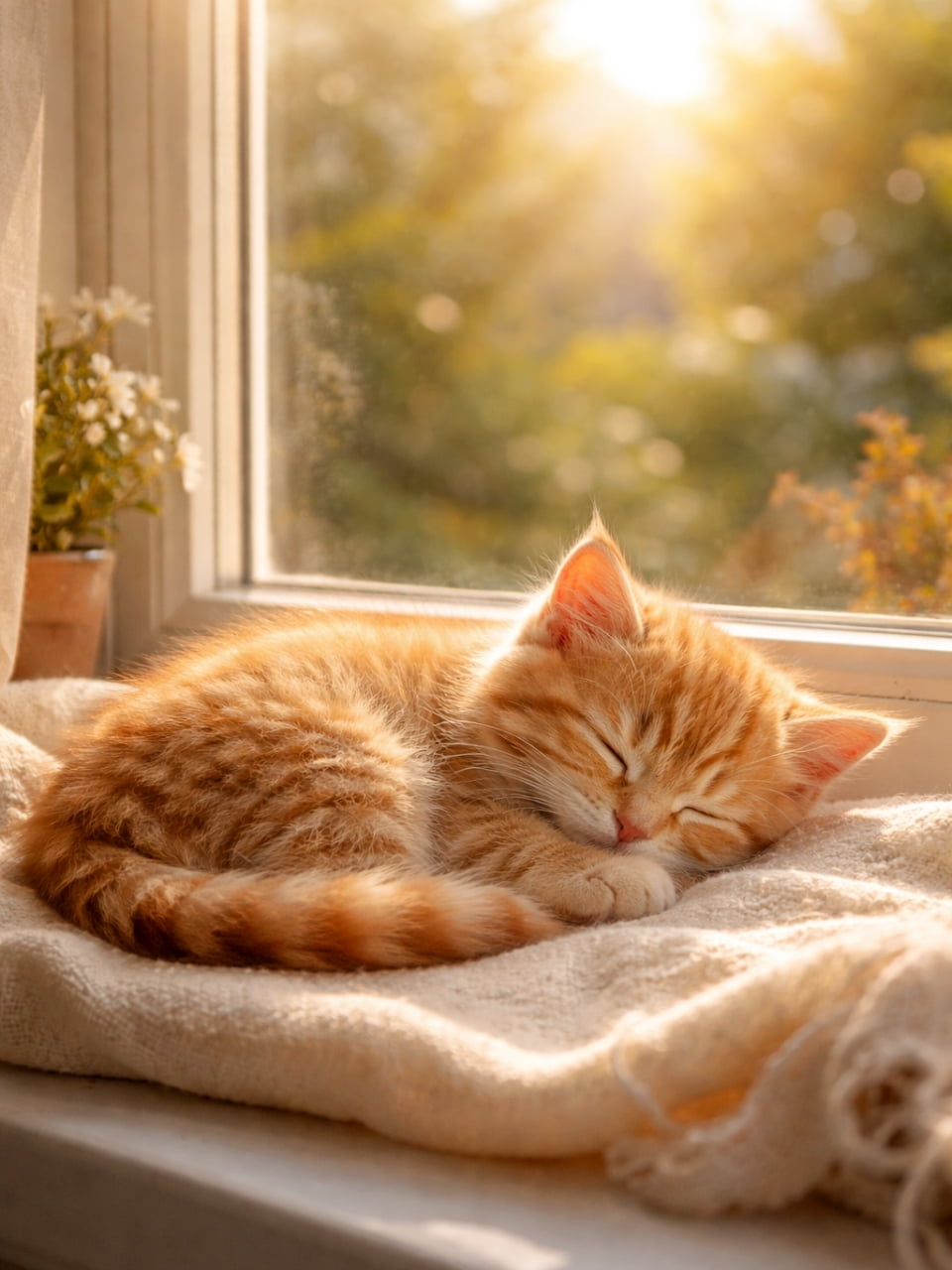 「お日様の匂いがしそう☀️窓辺のポカポカ特等席で丸くなって眠る姿は、まさに究極の癒やしですね💤💕」Ultra-realistic high-quality photograph of an orange tabby kitten sleeping curled up on a soft towel by a sunlit window. 暖かい日差しが差し込む窓辺で、柔らかいタオルの上で丸くなってすやすやと眠っている茶トラの子猫の超高画質写真