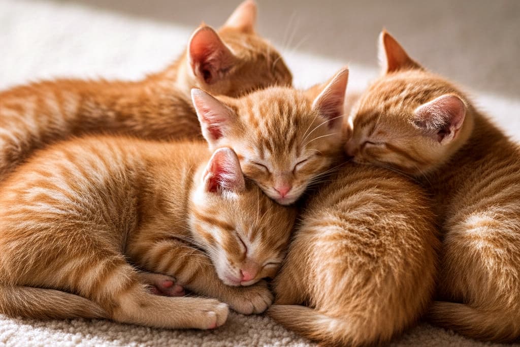 Four orange tabby kittens with distinct striped fur cuddle closely together on a soft surface, peacefully asleep. 縞模様がはっきりしたオレンジ色のタビー子猫4匹が、柔らかな布の上で密着して眠っている。穏やかで温かな雰囲気が漂っている