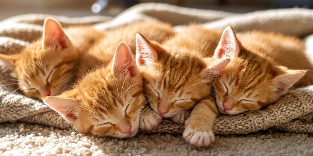 Four orange tabby kittens sleep with their heads nestled together on a beige knitted blanket, illuminated by soft sunlight. ベージュの編み込みブランケットの上で、4匹のオレンジ色のタビー子猫が頭を寄せ合って眠っている。柔らかな日差しが毛並みを優しく照らしている