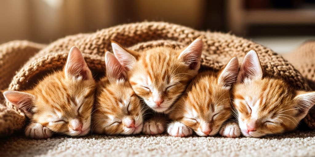 Five orange tabby kittens sleep side by side under a brown knitted blanket, nestled on a soft carpet in warm lighting. 茶色の編み込みブランケットの下で、5匹のオレンジ色のタビー子猫が並んで眠っている。柔らかなカーペットと暖かい光が、穏やかな雰囲気を演出している