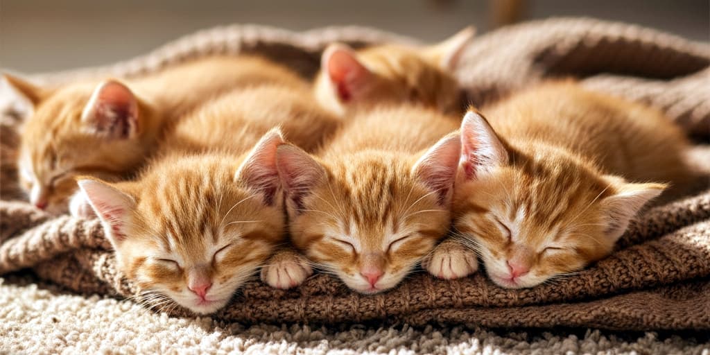 Four orange tabby kittens with distinct striped fur cuddle closely together on a soft surface, peacefully asleep. 縞模様がはっきりしたオレンジ色のタビー子猫4匹が、柔らかな布の上で密着して眠っている。穏やかで温かな雰囲気が漂っている