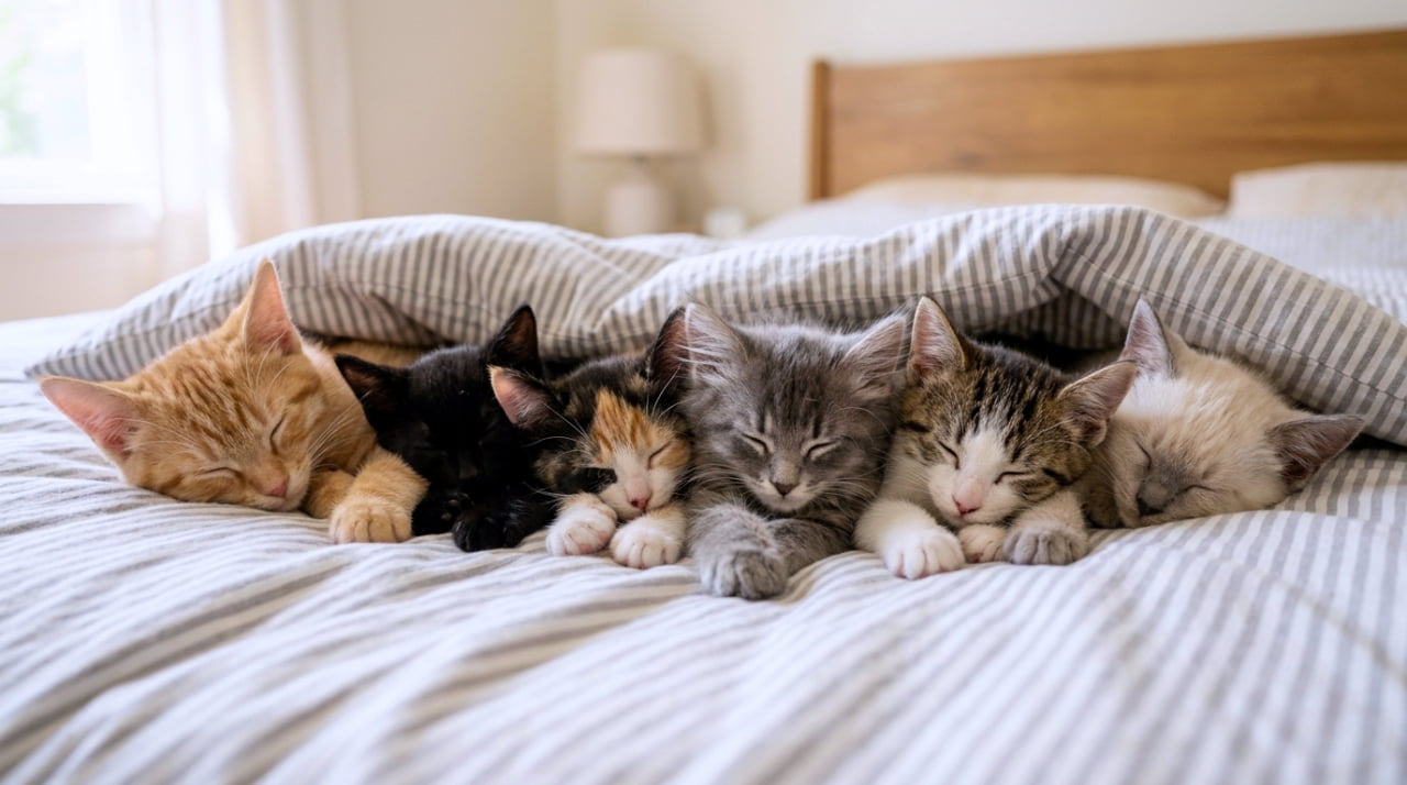 「夢の猫ベッドがここに!🛌個性豊かな6匹が並んでスヤスヤ...この多幸感、独り占め禁止です🐈💖 #猫好きさんと繋がりたい」Ultra-realistic high-quality photograph of six different kittens napping side-by-side under a grey striped blanket on a bed. The background features a cozy bedroom interior with a shallow depth of field, creating a warm and homey atmosphere. グレーのストライプ柄の毛布の下で、個性豊かな6匹の子猫が横一列になって眠っています。茶トラ、黒、三毛、グレータビー、キジ白、ポイントカラーの子猫が並び、背景には温かみのある寝室の木製家具が柔らかくボケて写っている、奥行きのある構図です