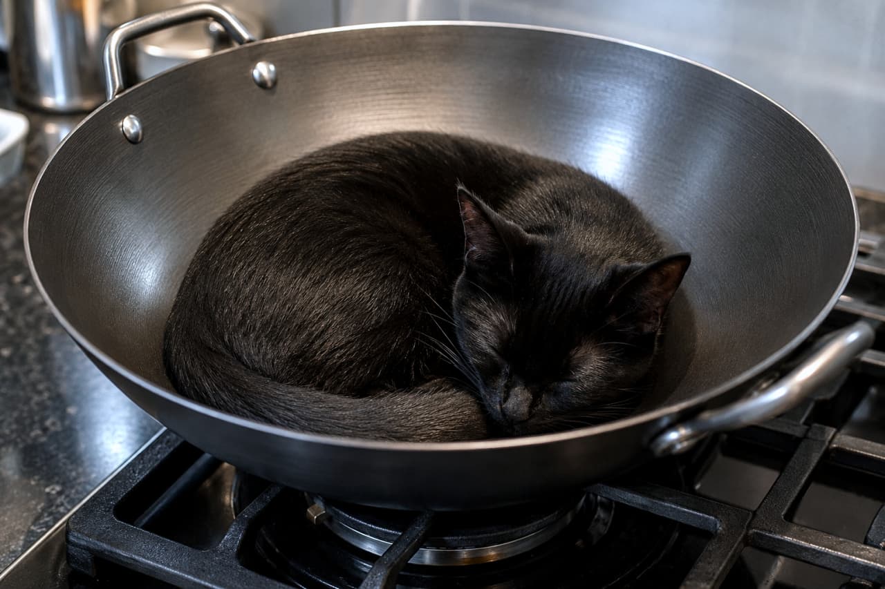 「お鍋の中にすっぽりフィット🍳🖤 黒猫ちゃんのスヤスヤ寝顔に癒されちゃいます✨」Ultra-realistic high-quality photograph of a black cat sleeping tightly curled up inside an iron wok. The glossy black fur contrasts beautifully with the metallic texture of the pan. 鉄鍋の中にすっぽりと収まって丸まって眠る黒猫の超高画質なリアル写真。艶やかな黒い毛並みと鍋の金属の質感が美しく対比している