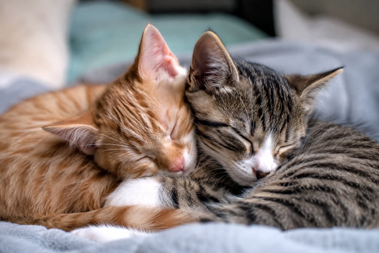 「ほっぺをくっつけて夢の中へ💤 仲良し茶トラ&キジ白コンビの幸せなひととき🐈✨」Ultra-realistic high-quality photograph of a ginger and a tabby-and-white kitten sleeping close together, faces touching, on a gray blanket. 茶トラとキジ白の子猫が、グレーのブランケットの上で顔を寄せ合い、抱き合うように眠る超高画質なリアル写真