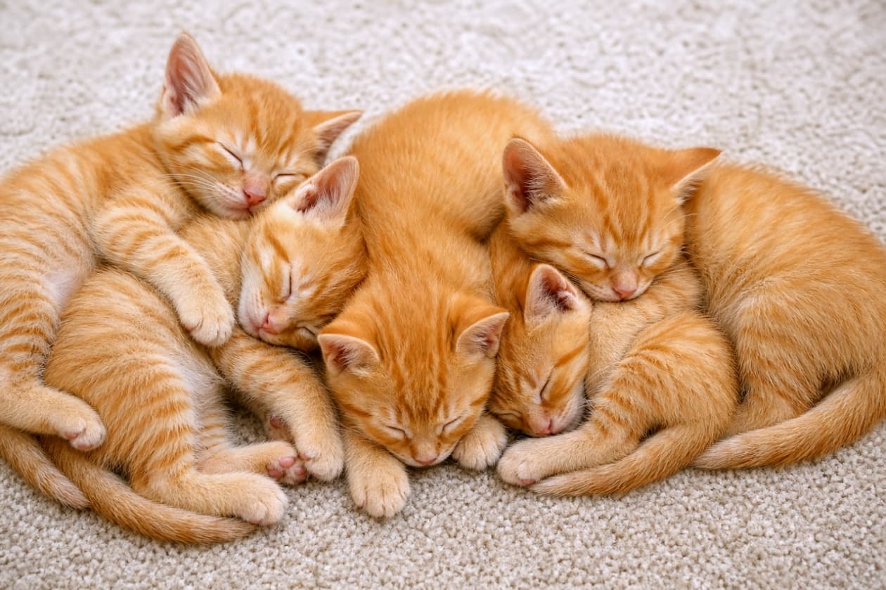 「見ているだけで癒やされる〜💕5匹の茶トラにゃんこがギュッと集まってお昼寝中😴ふわふわな毛並みと寝顔にキュンとしちゃう可愛さです🐾✨」A heartwarming close-up shot of five tiny orange tabby kittens sleeping peacefully in a tight, fluffy huddle on a soft beige carpet. Their ginger fur with subtle stripes is illuminated by warm, gentle lighting, highlighting their small pink noses and delicate features as they nestle against one another in complete comfort.