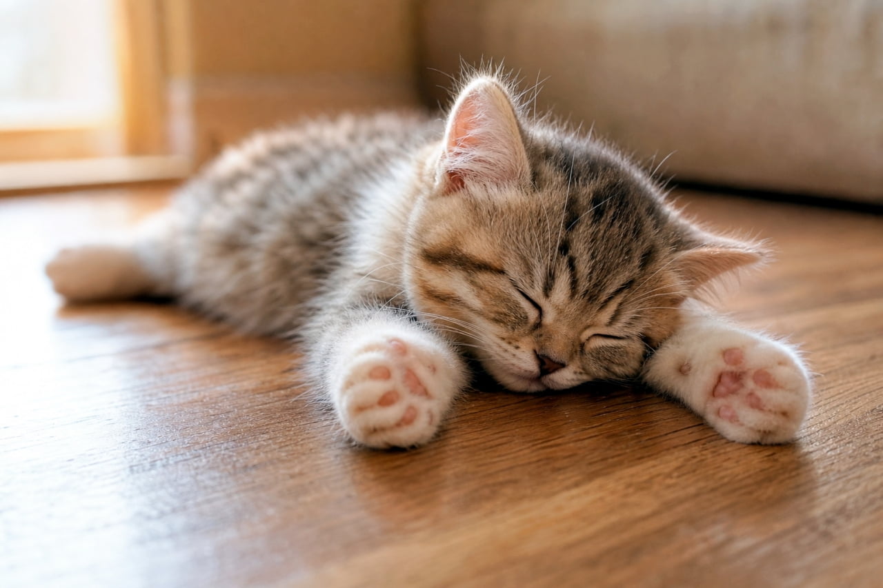 「おててをピーンと伸ばしてバンザイポーズ🙌🐾 ピンクの肉球がたまらない可愛さです💕」Ultra-realistic high-quality photograph of a tabby kitten sleeping on a wooden floor with its front paws stretched out in front, resembling a "banzai" pose. Pink toe beans are clearly visible. 木の床の上で両前足を前に大きく伸ばしてバンザイのようなポーズで眠るキジトラ子猫の超高画質なリアル写真。ピンク色の肉球がはっきりと見えている