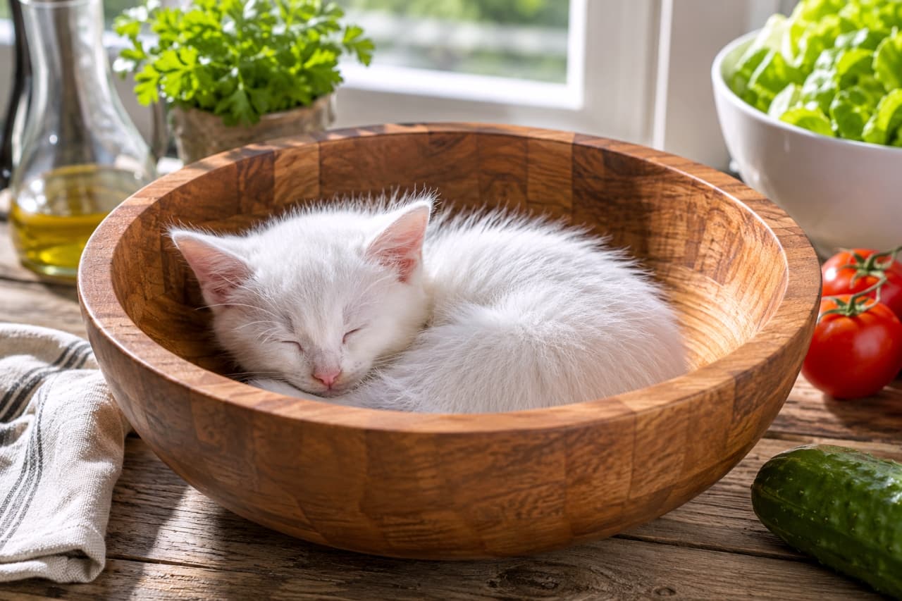「サラダボウルでお昼寝タイム🥗🐈 ふわふわ真っ白な子猫ちゃんにキュンとしちゃう🤍」Ultra-realistic high-quality photograph of a fluffy white kitten sleeping curled up in a large wooden bowl, illuminated by bright window light. Olive oil and salad vegetables are in the background. 窓辺の明るい光の中、大きな木製のボウルの中で丸まって眠るふわふわの白子猫の超高画質なリアル写真。背景にはオリーブオイルやサラダの野菜が配置されている