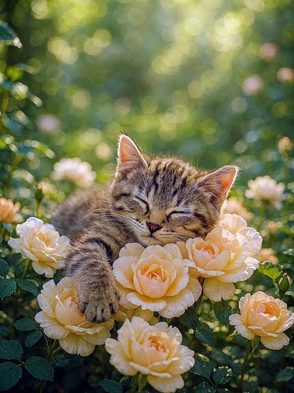 「ふわふわの花まくらで、すやすやお昼寝タイム♪」A photorealistic image of a small tabby kitten peacefully sleeping among light peach-colored roses in a sun-dappled garden. The kitten’s eyes are closed, and one paw rests gently atop the petals. Warm golden sunlight filters through green foliage in the background, creating a soft bokeh effect and a dreamy, tranquil atmosphere. 淡いピーチ色のバラに包まれて眠る小さなトラ柄の子猫。目を閉じて穏やかな表情を浮かべ、片方の前足が花の上にそっと乗っている。背景には緑の葉を通して柔らかな金色の光が差し込み、ボケ効果とともに夢のような静けさを演出している