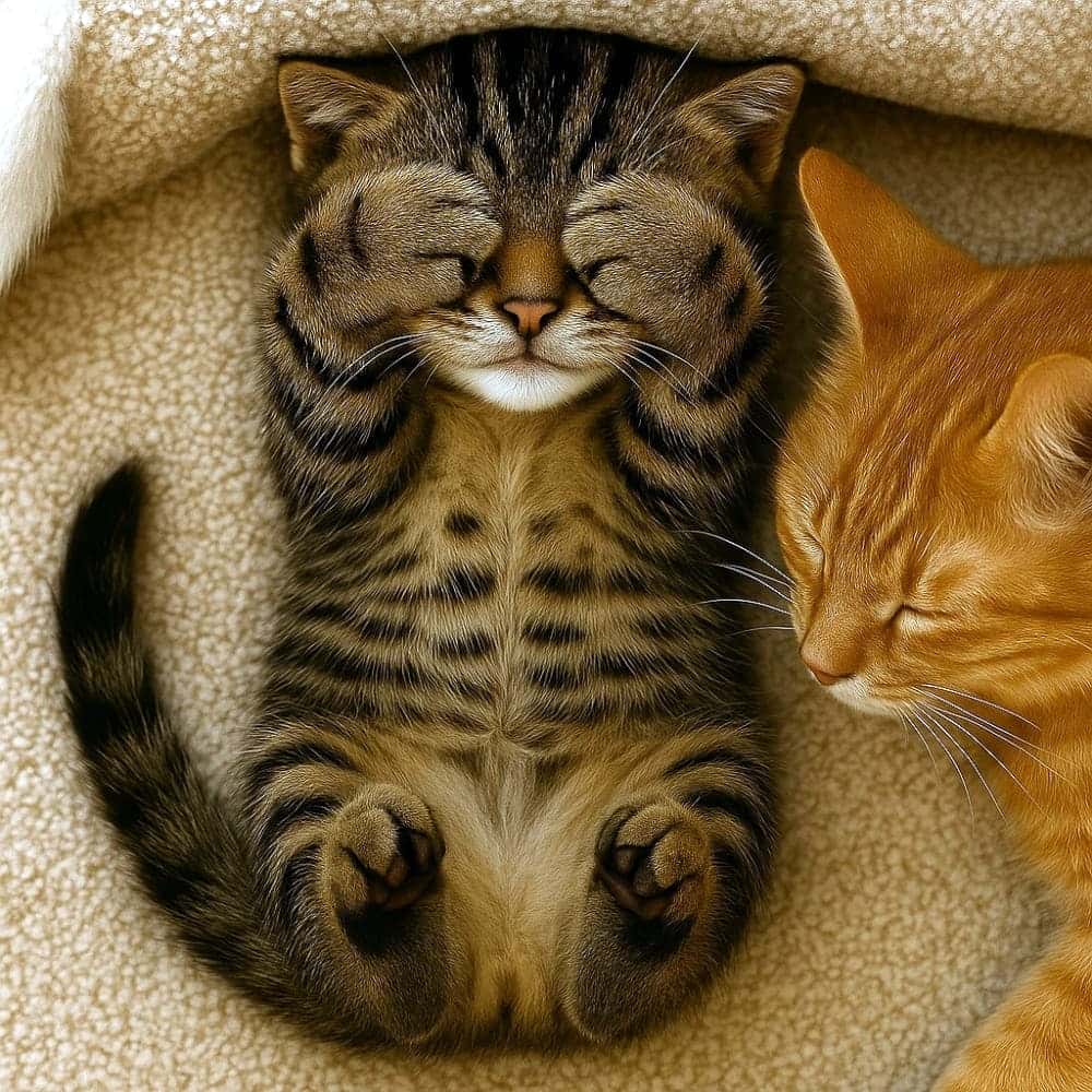 Tabby kitten lying on back with paws over eyes, next to relaxed ginger cat. 仰向けで目を覆って眠るキジトラの子猫。隣にくつろぐ茶トラ猫がいる