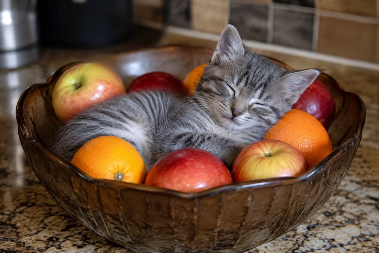「今日のデザートは…猫!?🍎🍊 甘い夢を見ていそうな可愛い寝顔にキュン💘 #フルーツ猫 #癒やし画像」Ultra-realistic high-quality photograph of a gray tabby kitten curled up and sleeping inside a glass fruit bowl filled with red apples and oranges on a marble countertop. リンゴやオレンジが入ったガラスのフルーツボウルの中で、丸まって眠るグレーのトラ柄子猫。キッチンカウンターの上で、果物の色彩と猫の毛並みが対比されている