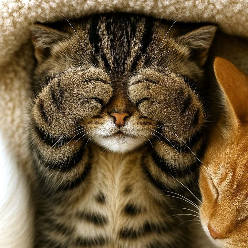 Tabby kitten sleeping under blanket with paws over eyes, orange cat nearby. 毛布の下で目を覆って眠るキジトラの子猫。隣にオレンジの猫が見える