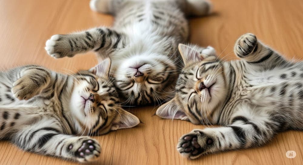 Three tabby kittens lie on their backs on a wooden floor, paws up and eyes closed in perfect harmony. 3匹の縞模様の子猫が木の床に仰向けで並び、目を閉じて前足を上げたまま穏やかに眠っている