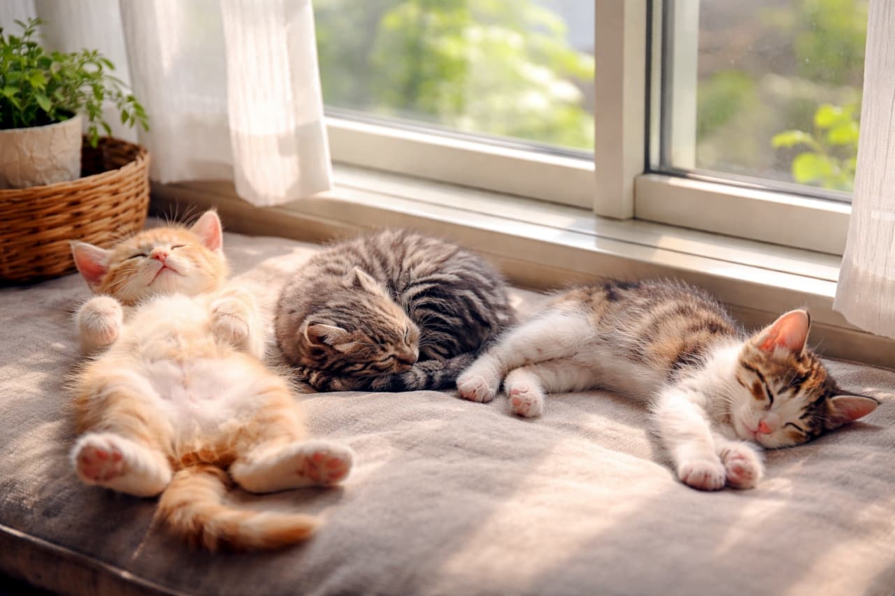 「ぽかぽかお日様サイコー☀️ 窓辺で思い思いのポーズでお昼寝する子猫たち🐈💤 みんなはどの寝相が好き?」Ultra-realistic high-quality photograph of three kittens sleeping in different poses on a cushion by a sunlit window. An orange tabby on its back, a brown tabby curled up, and a calico mix stretched out, with a potted plant in the background. 柔らかな日差しが差し込む窓辺のクッションの上で、へそ天で眠る茶トラ、丸まって眠るキジトラ、手足を伸ばして眠る三毛混じりの子猫の3匹がくつろぐ様子。背景には観葉植物が見える