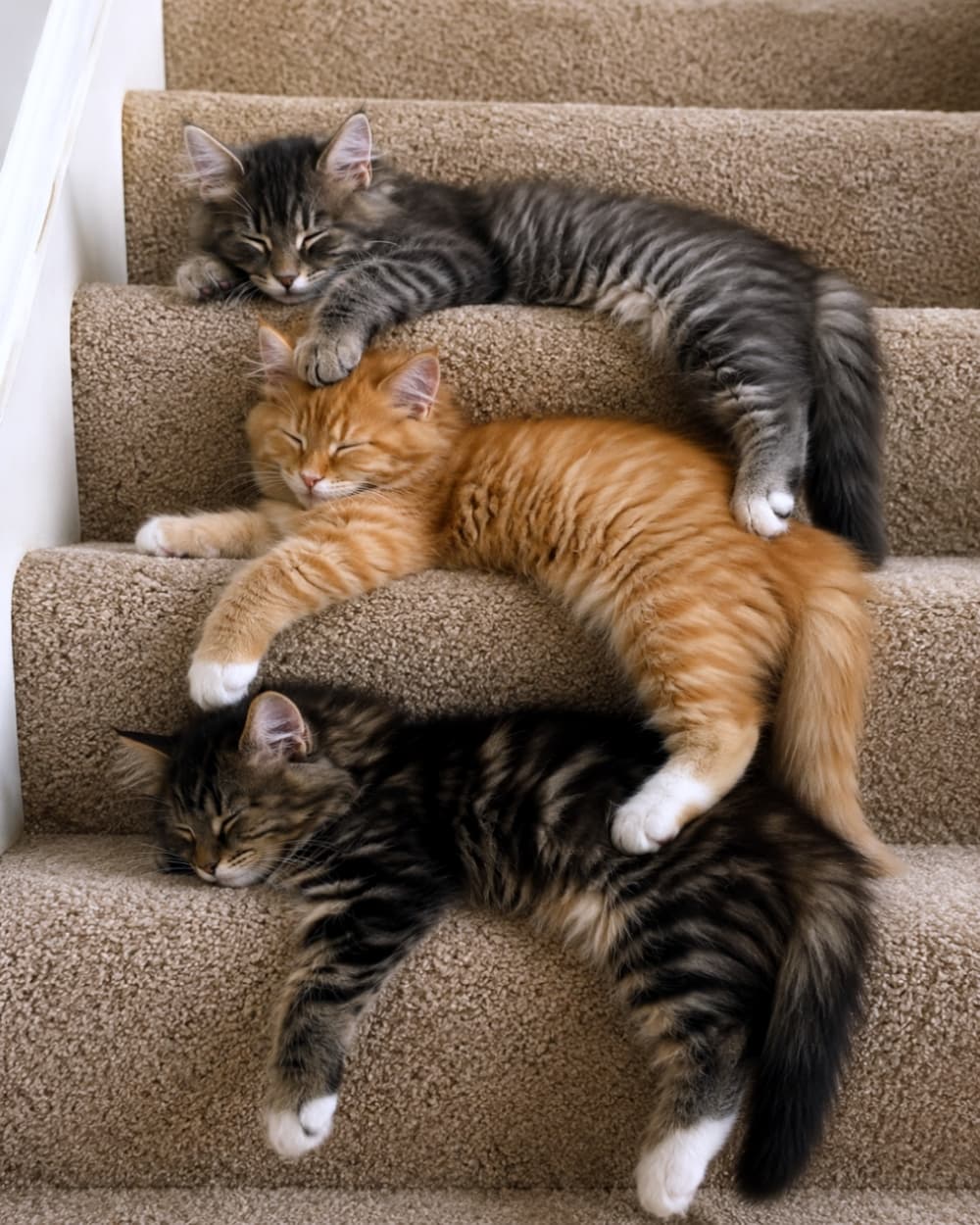「階段が猫パラダイスに!🐾段々に重なるなかよし3兄弟。どんな夢を見てるのかな?💤✨ #猫のいる暮らし」Ultra-realistic high-quality photograph of three kittens (tabby and ginger) sleeping on different steps of a carpeted staircase. The kittens are overlapping each other comfortably in a vertical composition. ベージュの絨毯が敷かれた階段の各段に、キジトラと茶トラの子猫3匹がそれぞれ体を預けるようにして眠っています。一番上の猫が下の猫の頭に足を乗せるなど、仲の良さが伝わる縦構図です