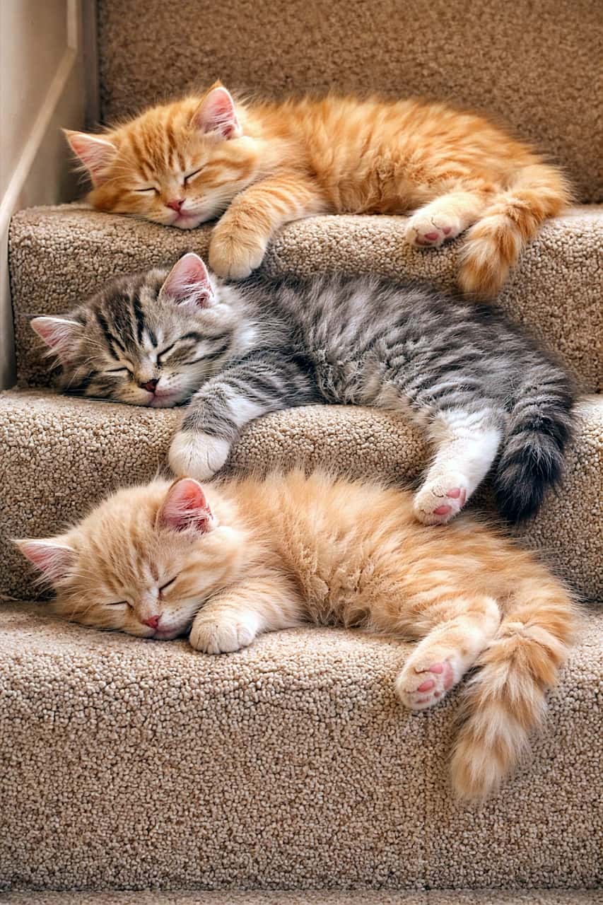 「階段がそのままベッドに変身!?寄り添いながら夢の世界へ行く子猫トリオ🐾」Three kittens sleeping peacefully on carpeted stairs, each lying on a different step while snuggled closely together, their fluffy bodies draped over the edges. カーペット敷きの階段で、段ごとに寄り添いながら眠る3匹の子猫が、ふわふわの体を縁に垂らしてくつろいでいる様子