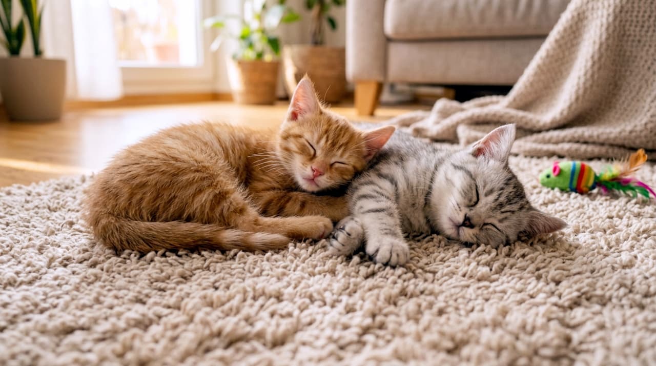 「遊び疲れてぴとっ💕 おもちゃのそばで仲良く夢の中へ…カーペットのぬくもりが伝わってきます🐈☀️」Ultra-realistic high-quality photograph of a ginger and a silver tabby kitten sleeping snugly together on a long-pile shaggy rug in a living room, exhausted from playing. A cat toy, sofa, and houseplant are softly visible in the background. リビングの毛足の長いシャギーラグの上で、遊び疲れて身を寄せ合って眠る茶トラとサバトラの子猫の超高画質なリアル写真。背景には猫じゃらしのおもちゃやソファ、観葉植物が配置されている