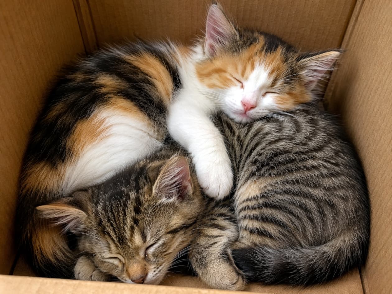 「ほっぺをくっつけて夢の中へ💤 仲良し茶トラ&キジ白コンビの幸せなひととき🐈✨」Ultra-realistic high-quality photograph of a ginger and a tabby-and-white kitten sleeping close together, faces touching, on a gray blanket. 茶トラとキジ白の子猫が、グレーのブランケットの上で顔を寄せ合い、抱き合うように眠る超高画質なリアル写真