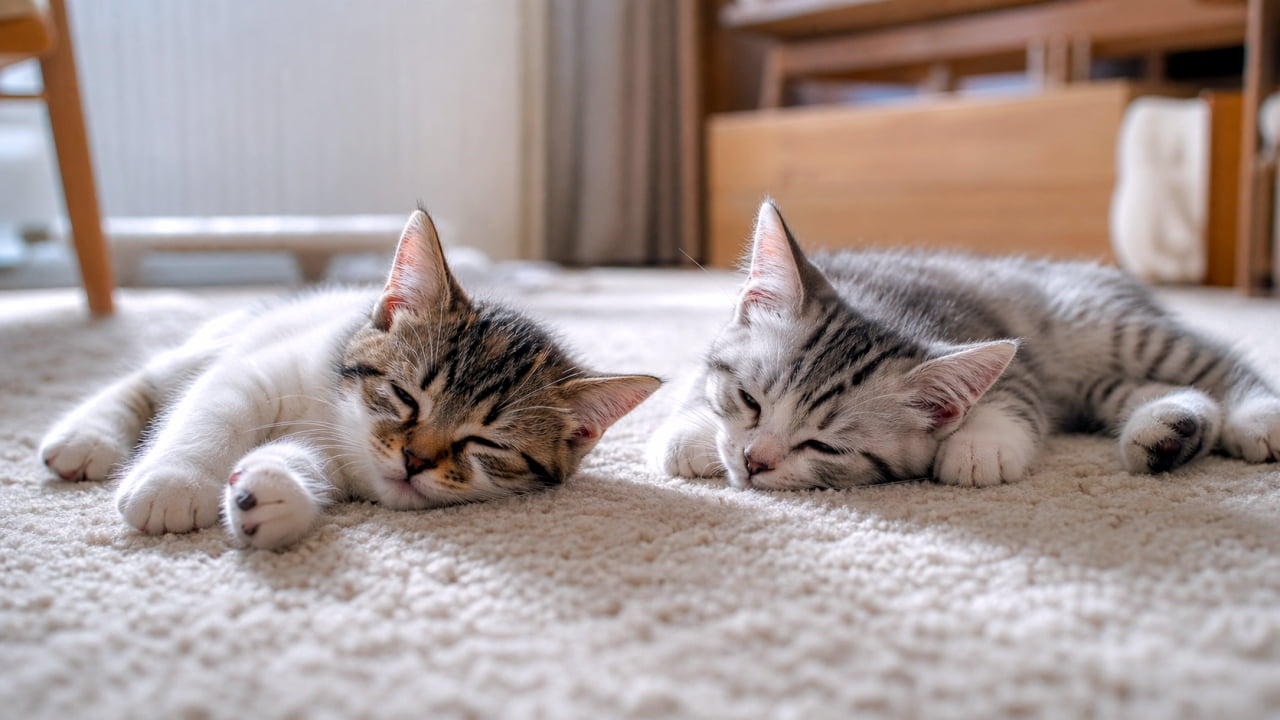 「いっぱい遊んで大満足🐾 ふかふかカーペットのぽかぽかに包まれて、幸せそうにまどろむ2匹です💤✨」Ultra-realistic high-quality photograph of two kittens (tabby-and-white and silver tabby) sleeping side-by-side on a fuzzy carpet, exhausted from playing, in a room with bright sunlight. They look comfortable in the warmth of the carpet. 明るい日差しが差し込む部屋で、遊び疲れてふかふかのカーペットの上に並んで寝そべる2匹の子猫(キジ白とサバトラ)の超高画質なリアル写真。カーペットの暖かさに心地よさそうに目を閉じている