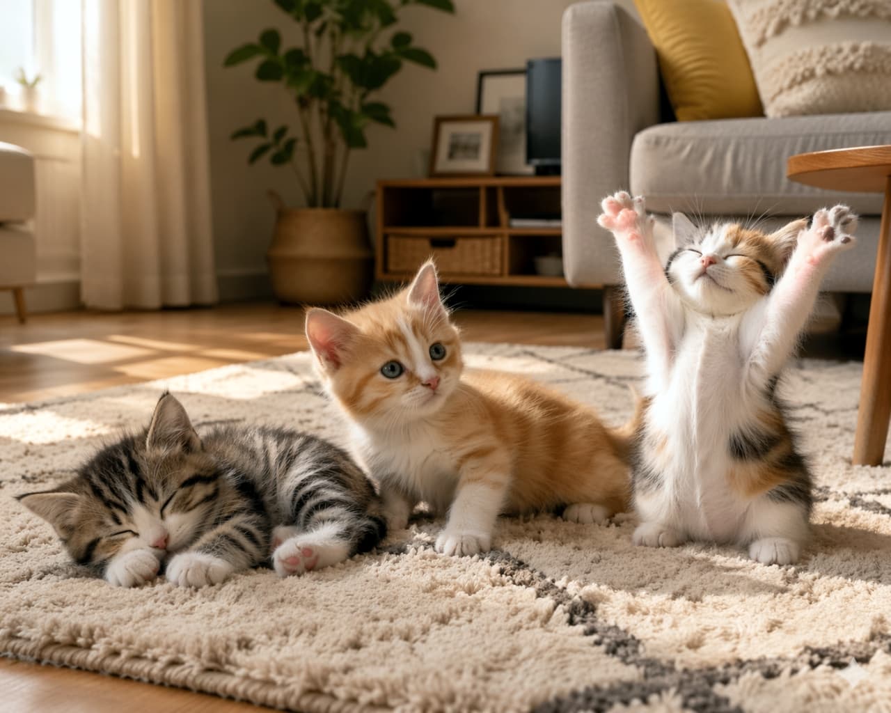 「「んーーっ!」と元気いっぱいにバンザイ伸びをする子猫が可愛すぎる🙌✨日向ぼっこしながら、のんびり過ごす最高の癒し空間🏠☀️」Three kittens relaxing on a fluffy rug in a sunlit living room, featuring one sleeping tabby, one sitting ginger kitten, and a calico kitten stretching its front paws high in the air. 日差しの差し込むリビングのラグの上でくつろぐ3匹の子猫。スヤスヤ眠るキジトラ、お座りする茶白、そして両前足を高く上げて思い切り伸びをする三毛猫の姿
