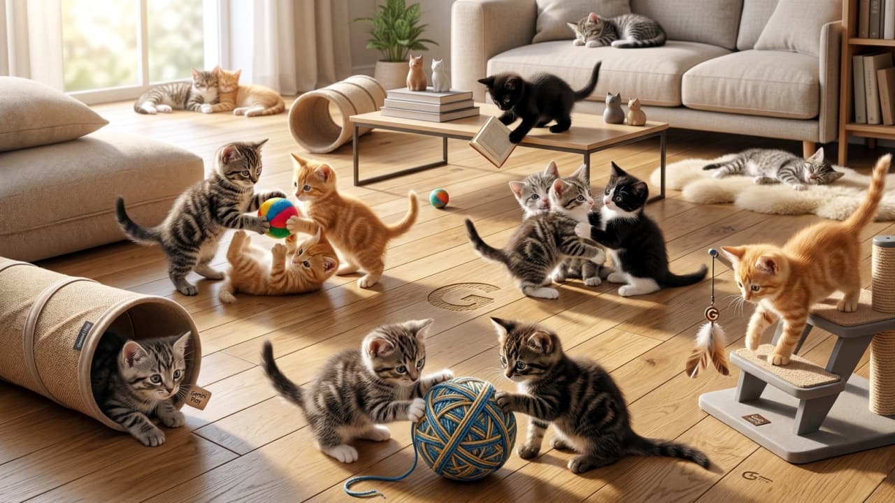 「おもちゃがいっぱい!🧶🐾走ったり転がったり、元気いっぱいな子猫たちの遊び場は大パニックの楽しさだよ〜🎈😆」A lively living room scene filled with energetic kittens playing with balls of yarn, a cat tunnel, a scratching post, and each other, bathed in warm sunlight. 暖かい日差しが差し込むリビングルームで、たくさんの子猫たちが毛糸玉やキャットトンネル、おもちゃを使って元気いっぱいに遊んでいる風景