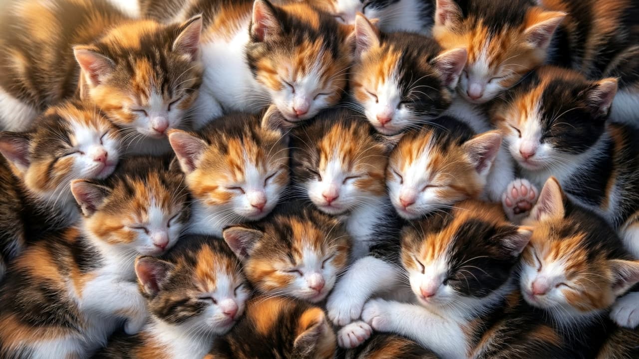 「もふもふの大渋滞!🐱💤色とりどりの三毛猫ちゃんたちが、みんなでくっついて夢の中へ…可愛すぎて癒やされる〜💖」A tight close-up shot of numerous adorable calico and tortoiseshell kittens sleeping peacefully huddled together in a large pile. 三毛猫やサビ柄の子猫たちが身を寄せ合い、ぎゅっと集まって気持ちよさそうに眠っているクローズアップ写真