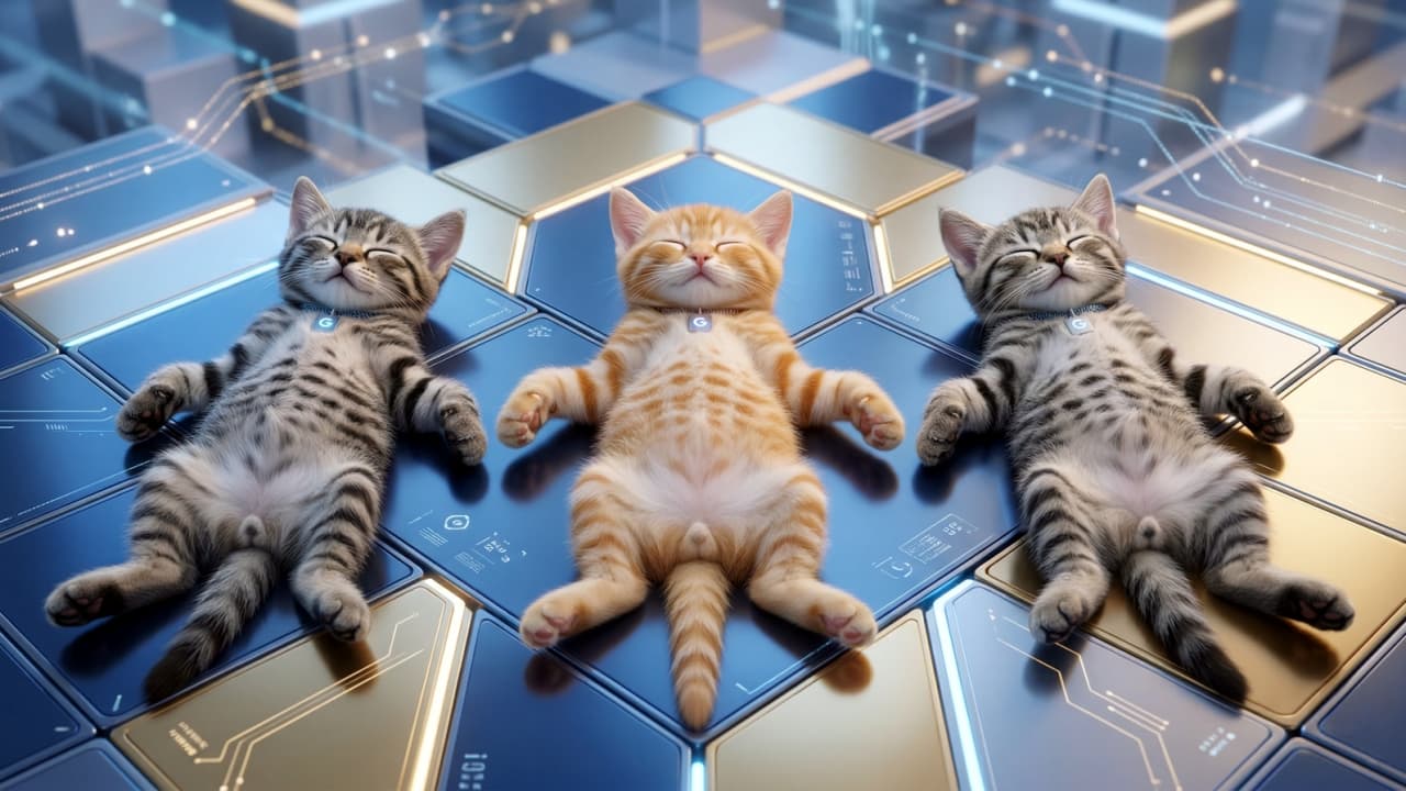 「サイバー空間でスヤスヤ…💤🚀お腹をコロンと見せて並んで眠る3匹の子猫たち。近未来の夢でも見てるのかな?🤖✨」Three kittens, an orange tabby flanked by two silver tabbies, sleeping flat on their backs on a futuristic blue and gold geometric surface with glowing lines. 2匹のサバトラ猫と1匹の茶トラ猫が、近未来的で幾何学的な青と金のパネルの上で、お腹を見せて並んで仰向けに寝ている様子