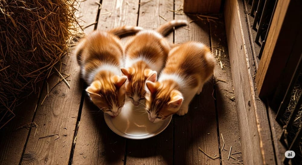 Three orange-and-white kittens drink from a white dish on a rustic wooden floor. オレンジと白の子猫3匹が木の床の白い皿から仲良く飲んでいる様子