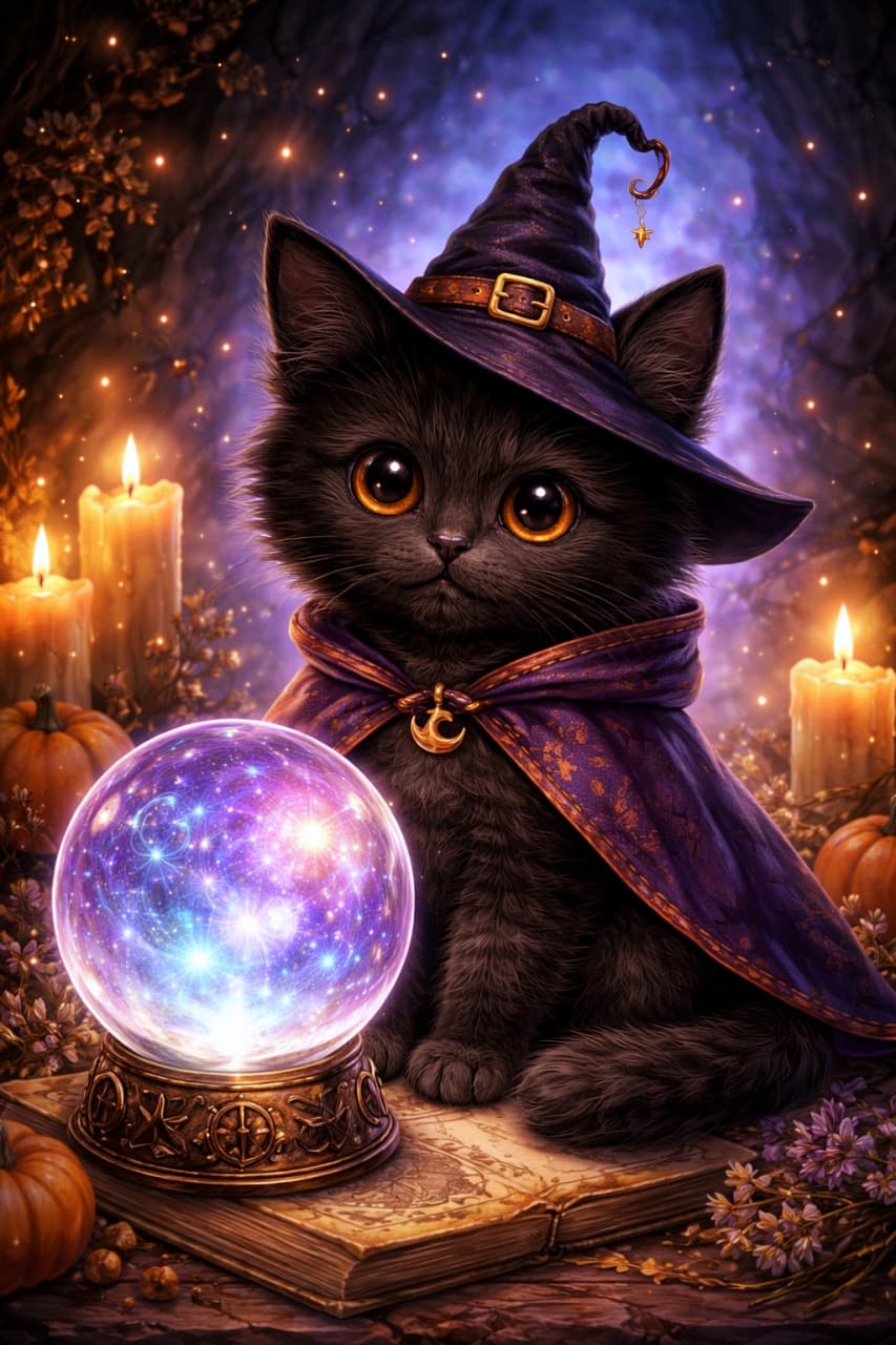 「「あなたの未来、占ってあげるニャ」🔮🐾立派なとんがり帽子をかぶった見習い魔女の黒猫ちゃん、ただいま魔法の特訓中！🎃✨」A highly detailed, fluffy black kitten wearing a purple witch's hat and a matching cloak with a crescent moon clasp, sitting behind a brightly glowing crystal ball containing a tiny galaxy, resting on an old spell book. 紫色の魔女の帽子と三日月飾りのついたマントを身にまとったフワフワの黒い子猫が、古い魔術書の上に置かれた、小さな銀河が輝く水晶玉の奥を見つめている魔法めいた光景