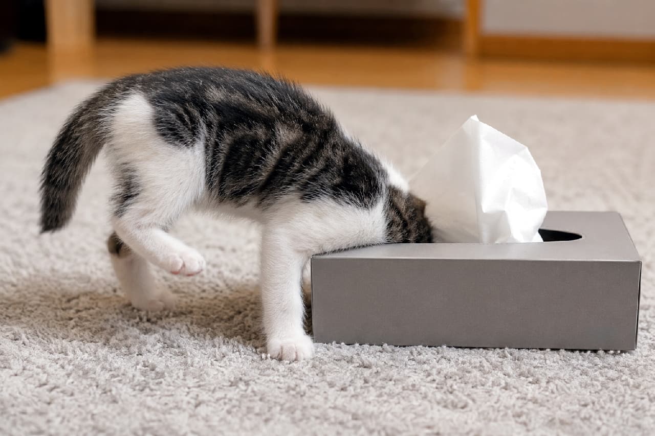 「「あ、あれ？抜けないニャ…💦」ティッシュ箱の罠にハマった子猫のお尻が可愛すぎる！😂💕 思わず助けたくなるハプニングです🐾 #子猫 #おもしろ猫 #猫のいる暮らし」Ultra-realistic high-quality photograph of a curious tabby and white kitten with its entire head stuck vertically inside the top opening of a modern gray tissue box. The kitten's face is hidden as it arches its back, lifting one hind paw slightly to balance on a fuzzy light gray carpet. Warm indoor lighting and a shallow depth of field highlight the soft fur texture and the partially pulled tissue, capturing a humorous and highly detailed everyday scene. 柔らかいライトグレーのカーペットの上で、モダンなグレーのティッシュボックスの取り出し口に頭をすっぽりと突っ込んでしまったキジトラ白（キジシロ）の子猫。顔は完全に見えず、首まで箱に埋まった状態で背中を丸め、片方の後ろ足を少し浮かせて必死にバランスを取るコミカルなポーズが緻密に描写されています。温かみのある室内の照明と浅い被写界深度が、子猫の柔らかな被毛の質感や飛び出したティッシュのディテールをリアルに引き立てる、ユーモアたっぷりの日常風景