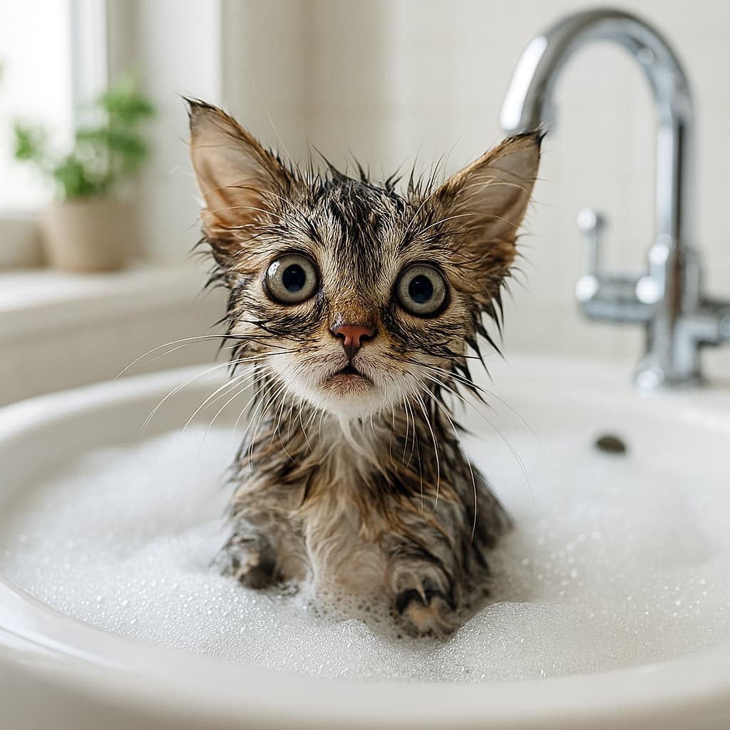 「お風呂あがったらチュールくれるにゃ？🥺泡まみれでじーっと見つめてくる子猫の破壊力が凄まじい…💥 #猫好き」Ultra-realistic high-quality photograph in a square composition focusing closely on a wet brown tabby kitten in a soapy bubble bath. The center-aligned kitten stares directly ahead with giant, expressive eyes. The square format maximizes the visual impact of its wet tufted fur and surprised facial expression against a softly blurred bright bathroom. 白い洗面台の泡風呂の中央に配された、濡れたキジトラ子猫のスクエア（正方形）クローズアップ写真。泡からひょっこり顔を出し、濡れて束感のあるブラウンタビーの毛並みと、引き込まれそうなほど大きな丸い瞳のディテールが強調されている。背景の蛇口や観葉植物は正方形の画角に収まるようトリミングされ、子猫の圧倒的な表情のインパクトが主役となった瑞々しい1枚
